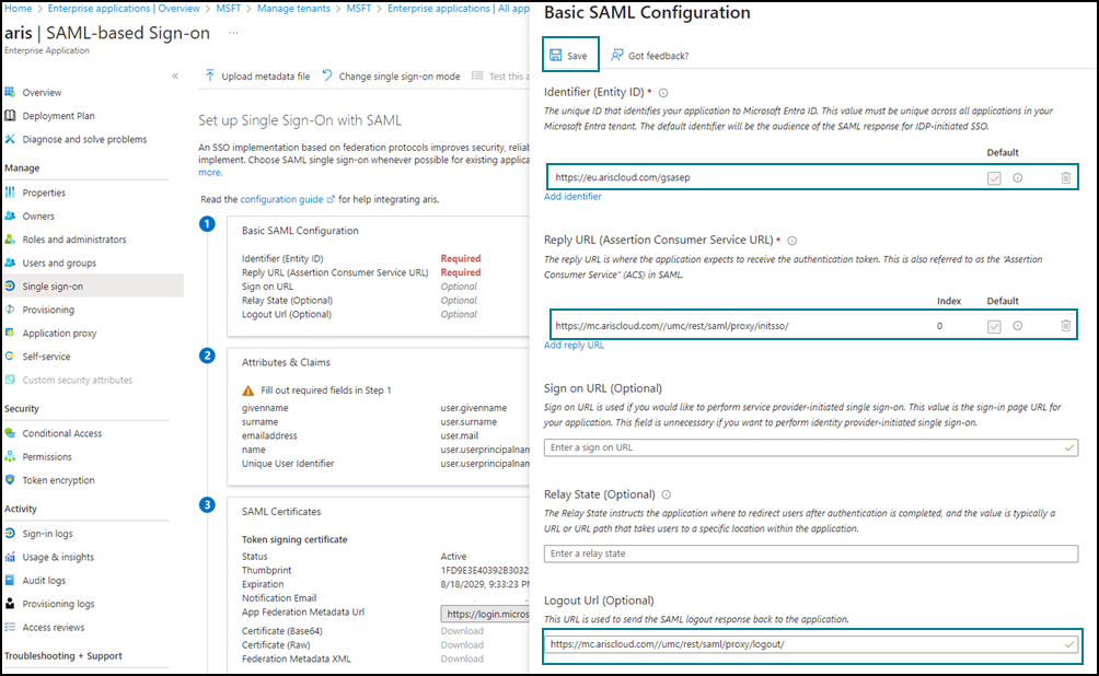 Basic SAML confuration